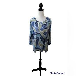 Alfred Dunner, Blue/Green/White, Women’s 3/4 Sleeve Top, Size 1X
